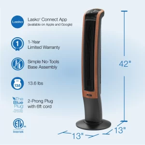 Lasko T42905 42” Tower Fan w/Bluetooth (Black & Wood)